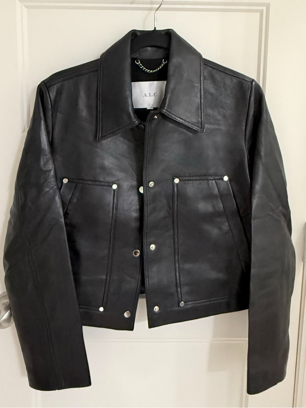 A.L.C. Black Leather Snap-Front Jacket with Patch Pockets